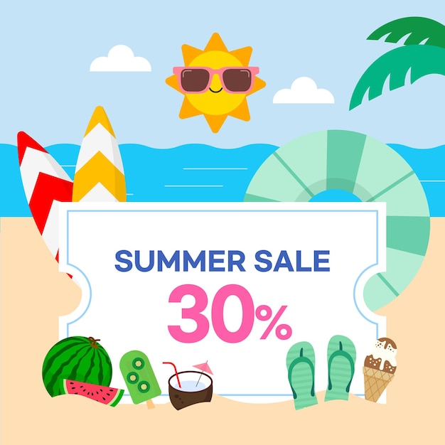 A poster for a summer sale with a beach scene and a sign that says summer sale 30 %.