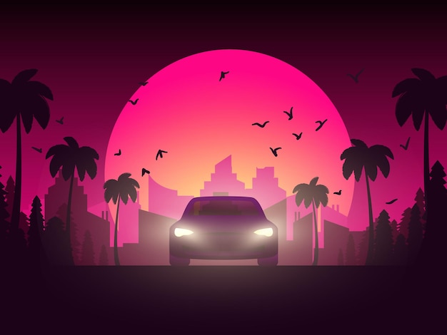 Vector poster sunset at the california palms trees car and city landscape vector illustration pink colors