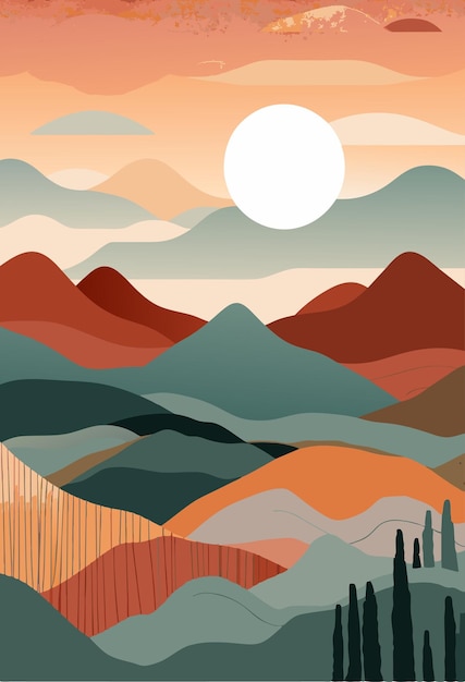 a poster for a sunset with a mountain in the background
