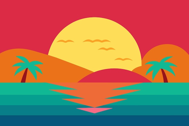 Vector a poster for a sunset with palm trees and a beach