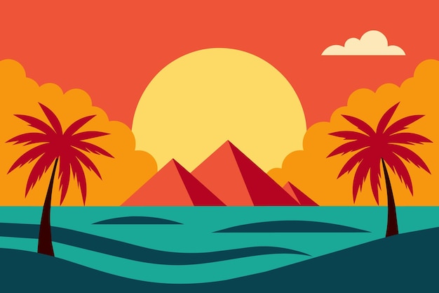 Vector a poster for a sunset with palm trees and mountains in the background