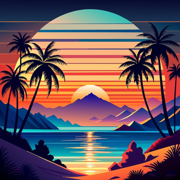Vector a poster for a sunset with palm trees and mountains