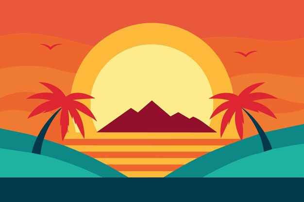 a poster for a sunset with palm trees and mountains