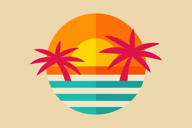 a poster for a sunset with palm trees and a sun in the background