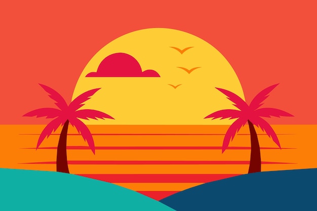 a poster for a sunset with palm trees and a sunset