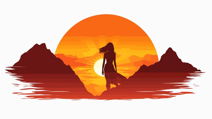 वेक्टर a poster for a sunset with a woman standing on the rocks