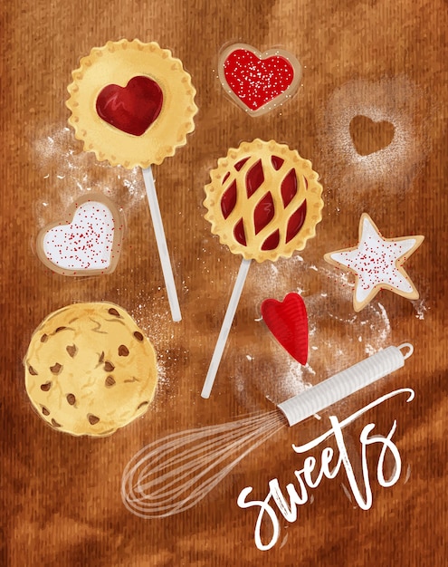 Vector poster sweets with illustrated star, pie, cookie, egg, whisk, rolling pin in retro style