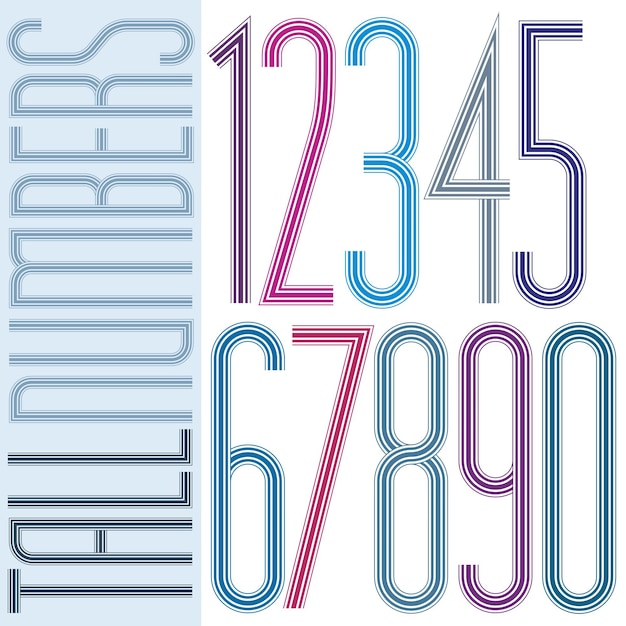 Vector poster tall colorful striped numbers on white background.