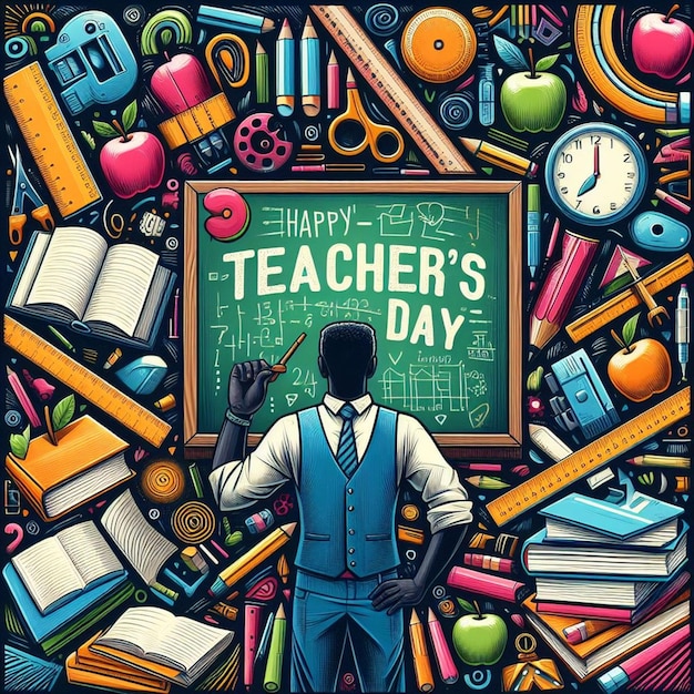 a poster of teacher days day is displayed on a wall with a chalkboard that says teachers day