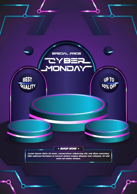 Poster template cyber monday podium neon style background