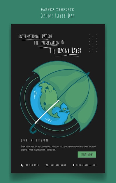 세계 오존층의 날 캠페인을 위한 만화 디자인에 지구와 우산이 있는 포스터 템플릿 디자인