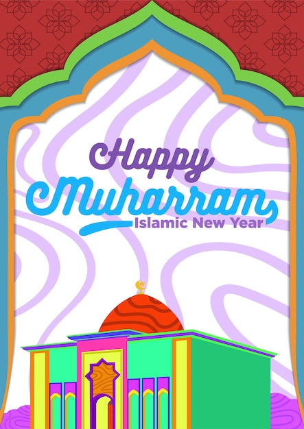 Modello di poster felice anno nuovo muharram islamico con temi classici dei cartoni animati
