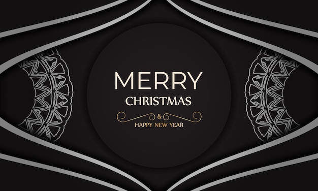 Poster template Happy New Year and Merry Christmas in black color with white ornaments.