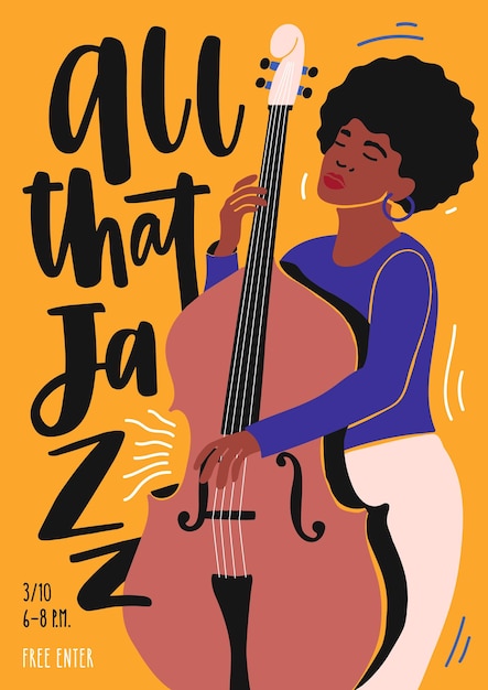 Poster template for jazz club event, music band performance or concert, with female musician playing double bass