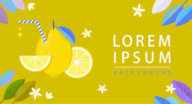 Шаблон плаката с этикеткой лимона, в котором застряла трубка для коктейля, дольки лимона, листья лимона и цветы