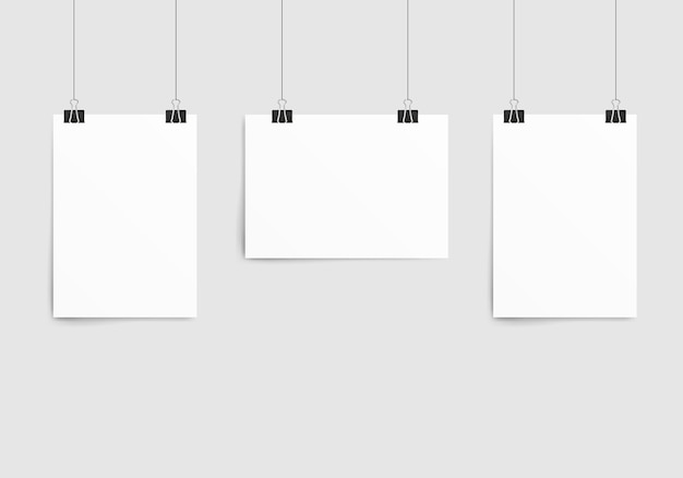 Poster template of a paper sheet collection empty paper frame mockup hanging with paper clip