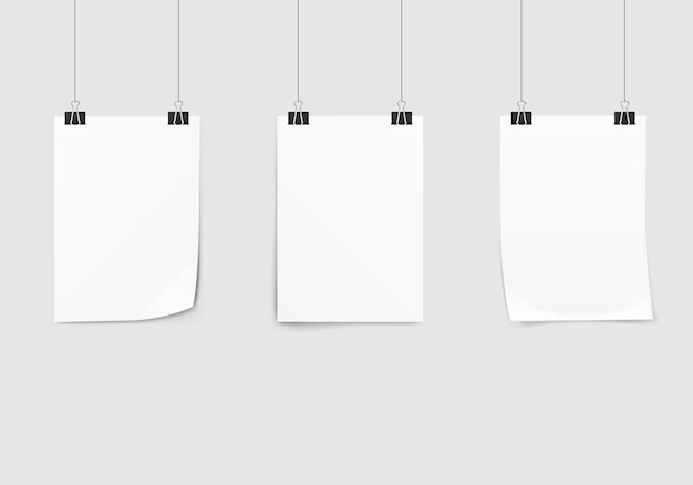 Poster template of a paper sheet collection empty paper frame mockup hanging with paper clip