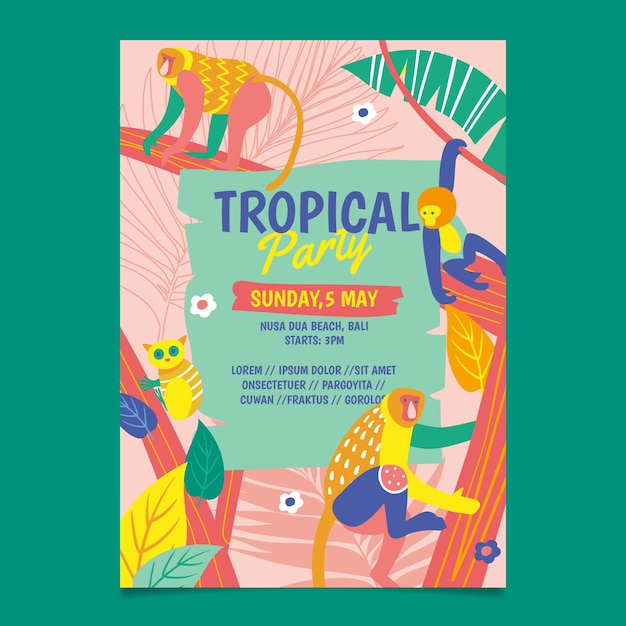 a poster template for the tropical party with various borneos wildlifes