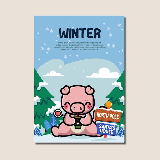 Poster template for winter with cute pig