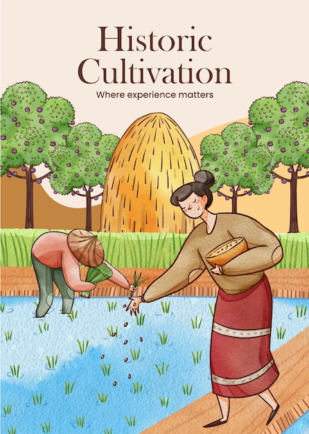 Modello di poster con concetto di agricoltore asiatico in stile acquerello