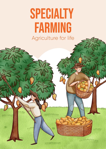 아시아 농부 개념수채화 스타일이 있는 포스터 템플릿