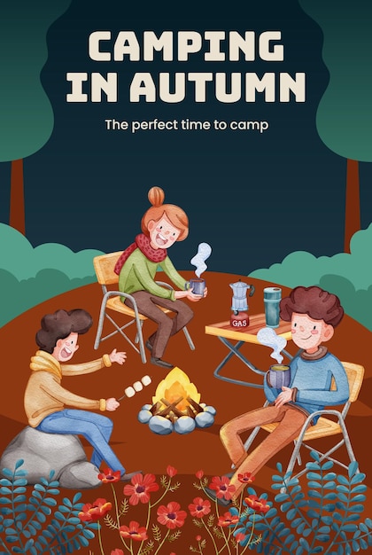 Poster template with autumn camping picnic conceptwatercolor style