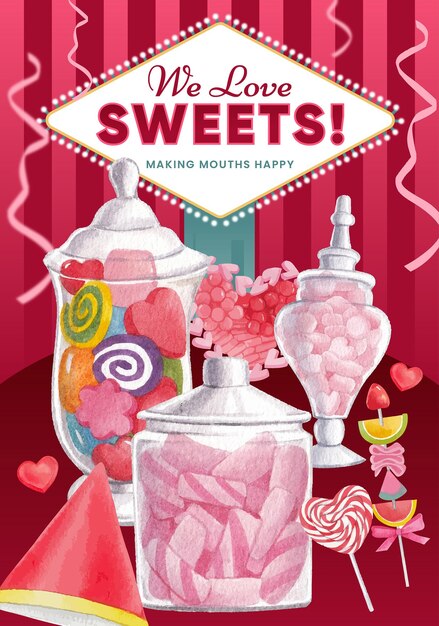 Vector poster template with candy jelly party conceptwatercolor stylexdxa