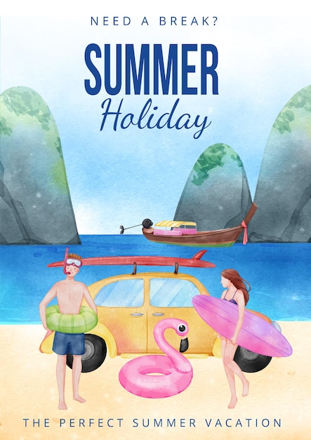 Poster template with enjoy summer holiday conceptwatercolor stylexdxa