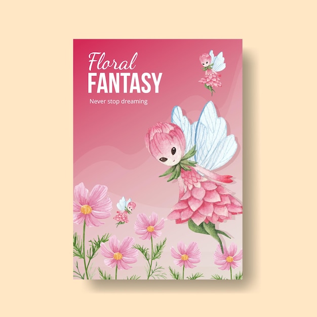 Poster template with floral character concept  watercolor illustration