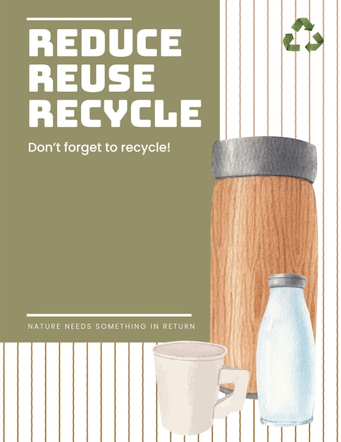 Poster template with global recycling concept watercolor style