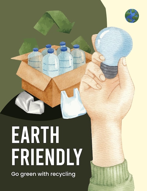 Poster template with global recycling concept watercolor style