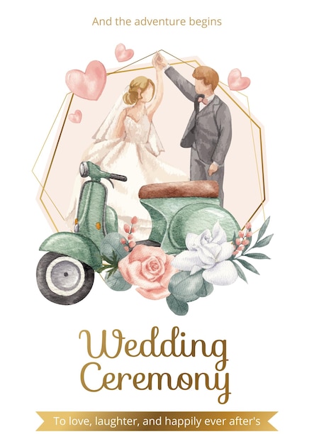 Vettore modello di poster con splendido concetto di matrimonio verde in stile acquerello