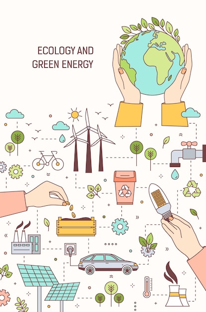 바람과 태양열 발전소, 전기 자동차로 둘러싸인 손으로 지구, 전구, 씨앗을 들고 있는 포스터 템플릿. 생태, 녹색 에너지, 발전. 현대 선형 벡터 일러스트 레이 션.