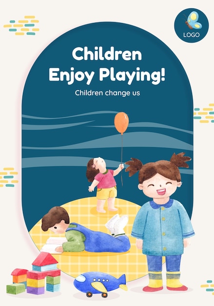 행복 한 어린이 개념, 수채화 스타일 포스터 템플릿