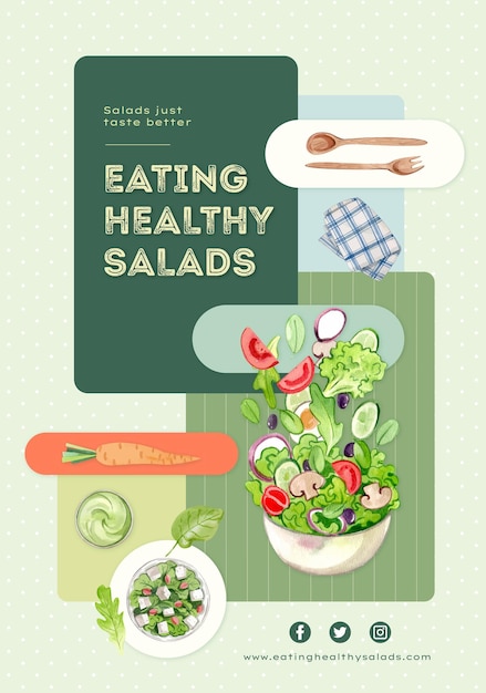 Poster template with healthy salad conceptwatercolor stylexA