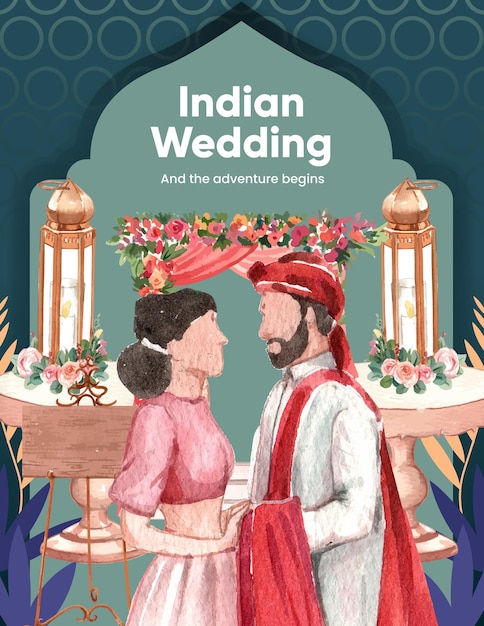 Poster template with Indian wedding conceptwatercolor style