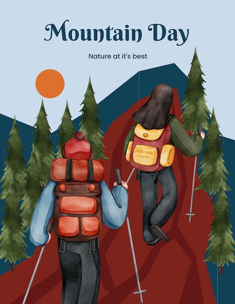 Poster template with Internation mountain day concept watercolor style