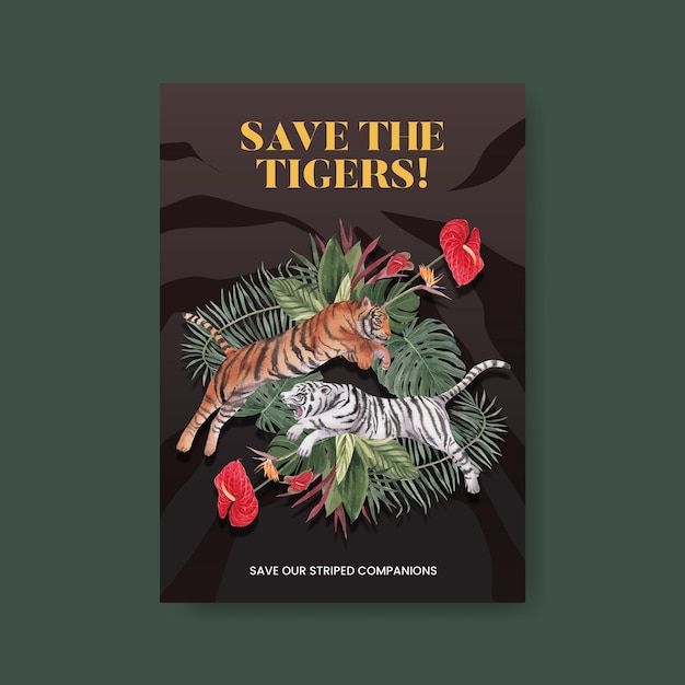 Poster template with international tiger day concept,watercolor style