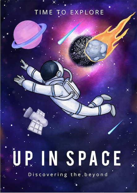 poster template with kids explore galaxy conceptwatercolor style
