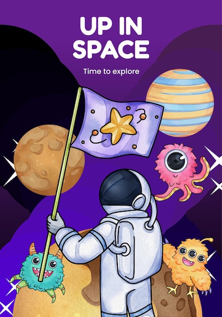Poster template with kids explore galaxy conceptwatercolor style