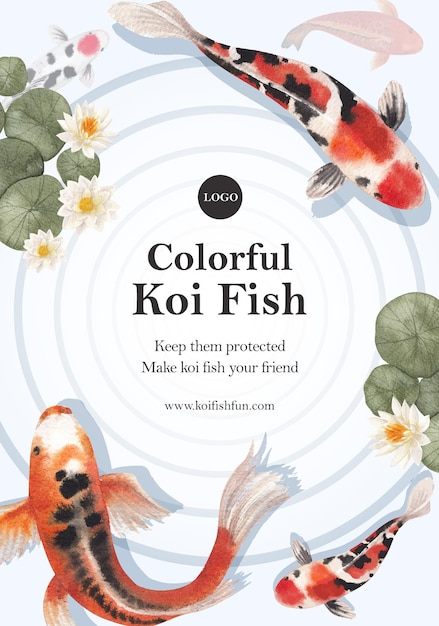 Vector poster template with koi fish concept,watercolor style.