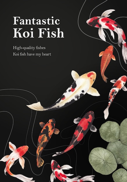 Vector poster template with koi fish concept,watercolor style.