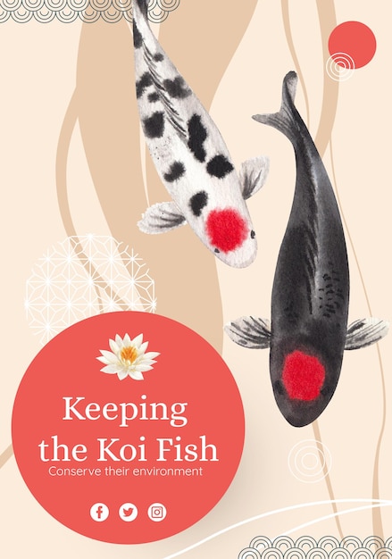 Vector poster template with koi fish concept,watercolor style.