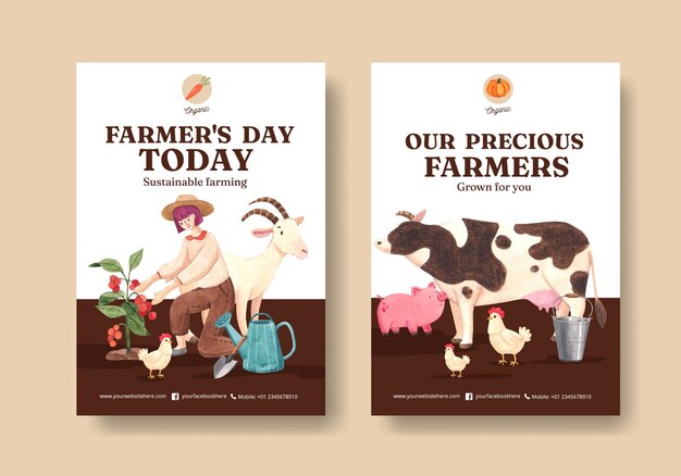 Шаблон плаката с концепцией национального дня фермеров, акварель в стиле