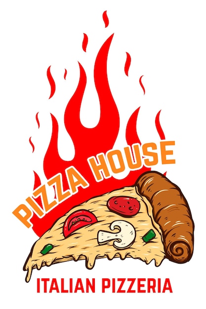 Vettore modello di poster con pizza e fuoco. elemento di design per poster, banner, segno, emblema. illustrazione vettoriale