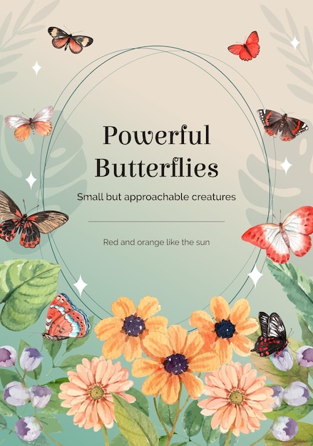 Vector poster template with red and orange butterfly in watercolor style