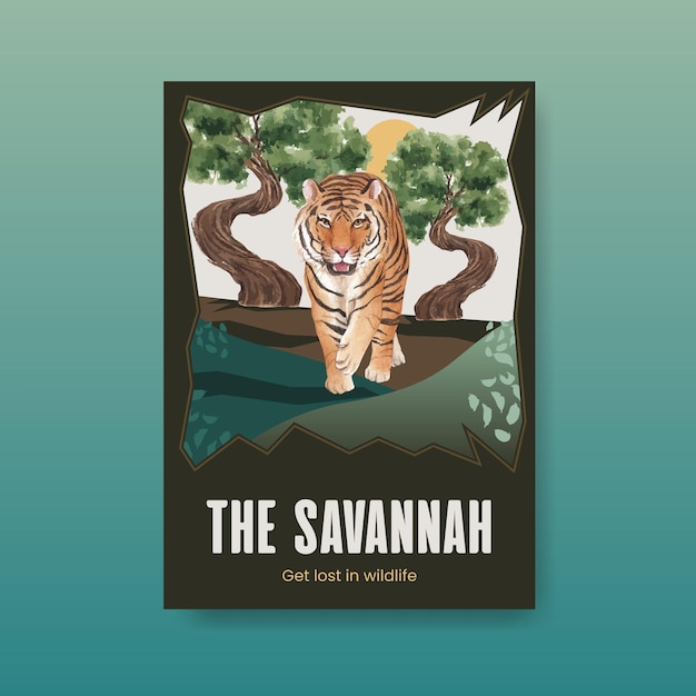 Vector poster template with savannah wildlife concept  watercolor illustration