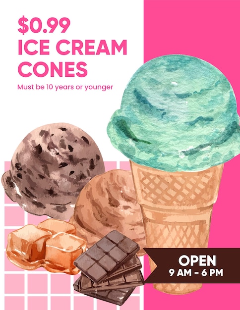 Шаблон плаката с концепцией мороженого с мороженым в стиле акварели