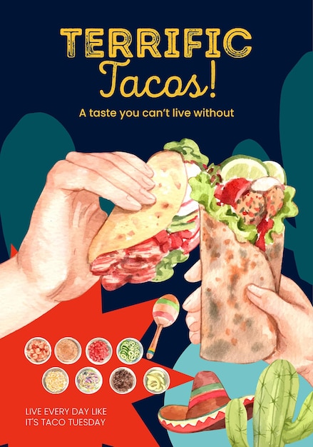 Vettore modello di poster con concetto di giorno di taco in stile acquerello