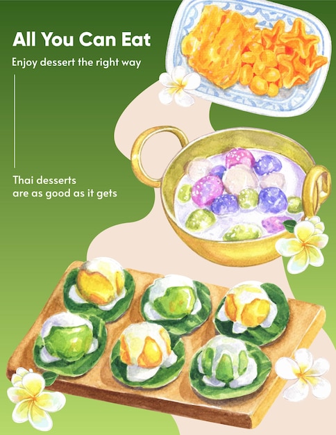 Vector poster template with thai dessert conceptwatercolor style